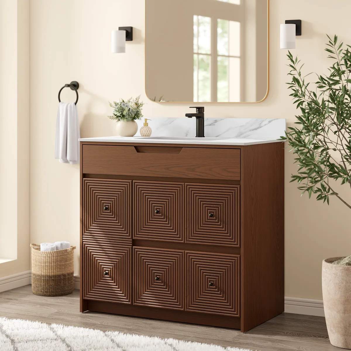 36" Walnut Single Bathroom Vanity with Sink and Sintered Stone Top
