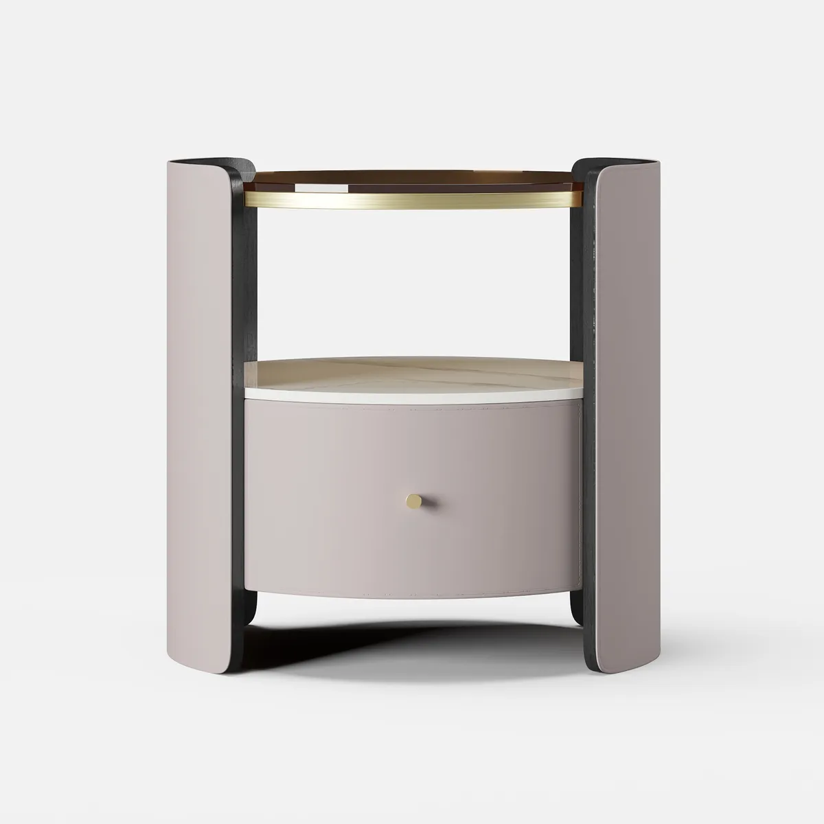 Modern Round Gray Leather Nightstand with Glass Top & Sintered Stone Bedside — image 8