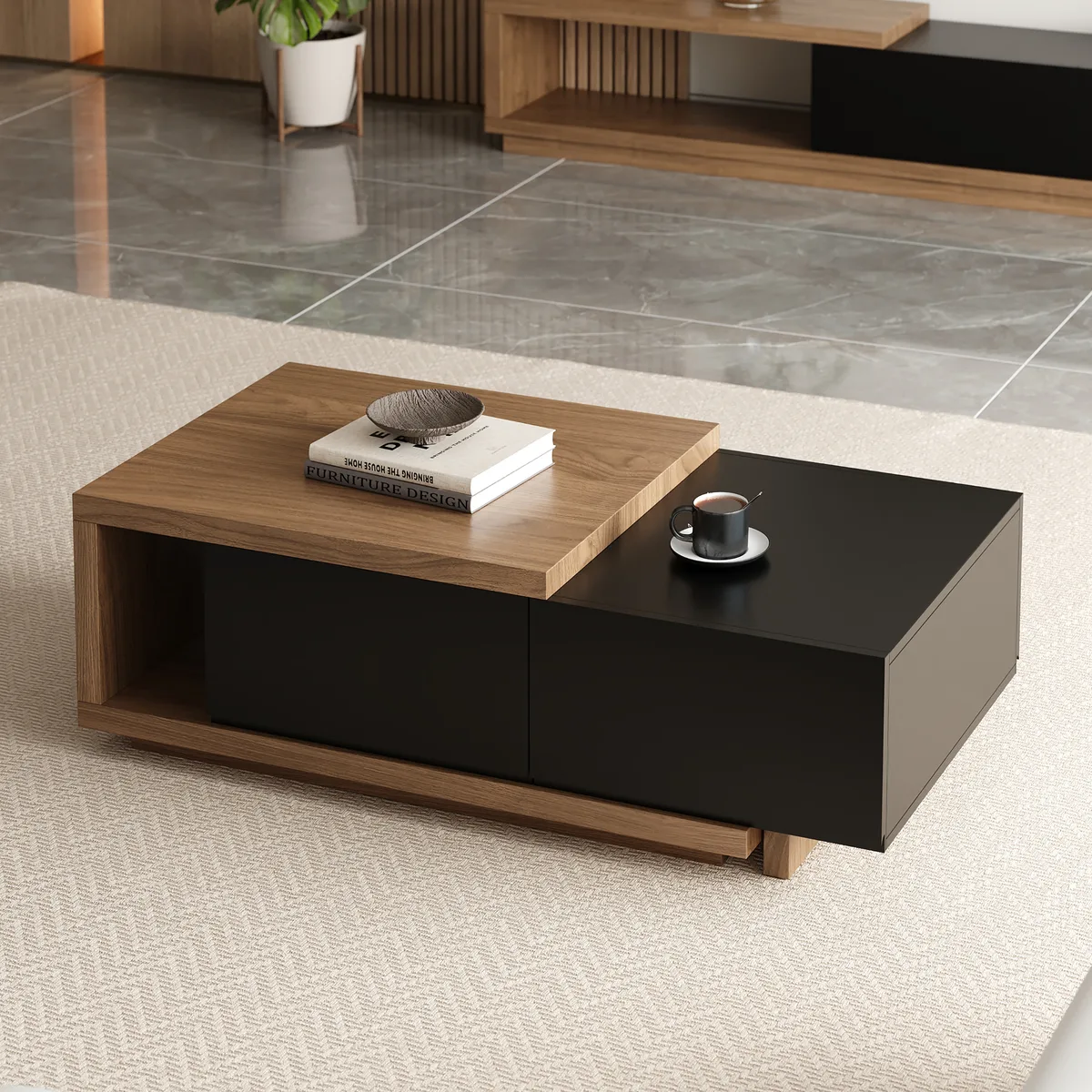 Quoint 68.9" Modern White Coffee Table Retracted & Extendable with 2-Drawer — image 4