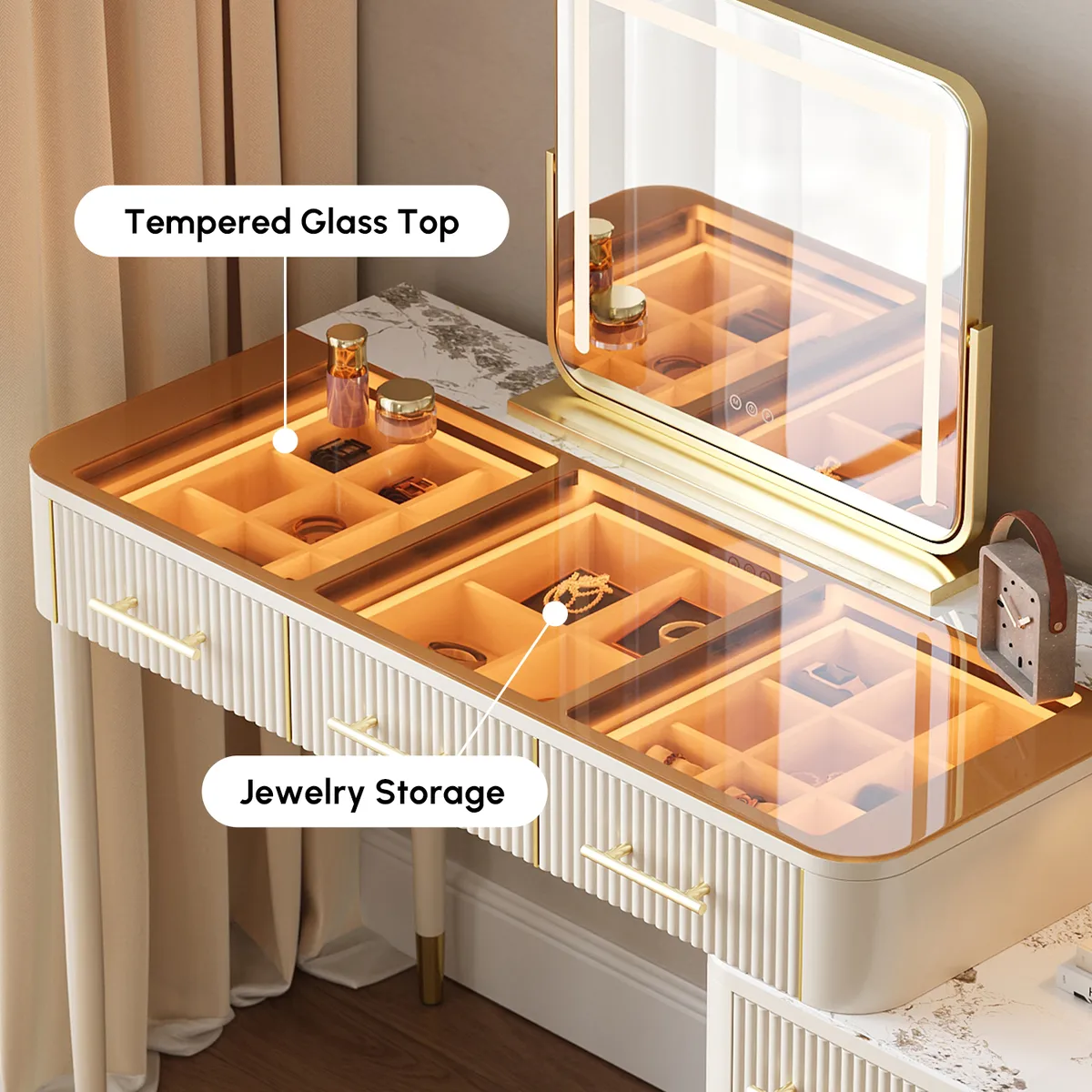 White Makeup Vanity Set with Lighted Mirror & Stool Mid Century Modern Dressing Table with Glass Top — image 16