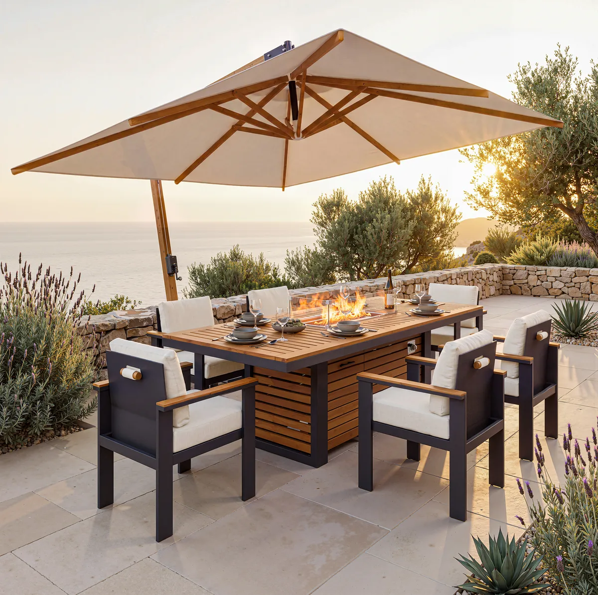 Tevara 7 Pieces Outdoor Dining Set with Propane Fire Pit Table & Aluminum Armchair — image 2