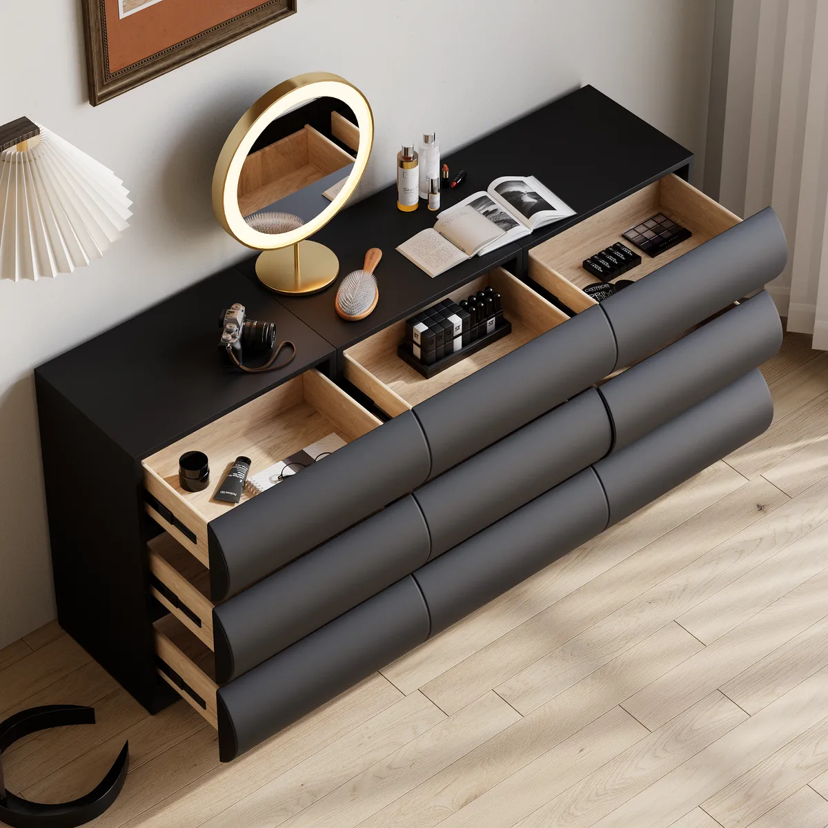 Humply Modern Black Leather 6 Drawer Dresser Chest with Storage Cabinet — image 13