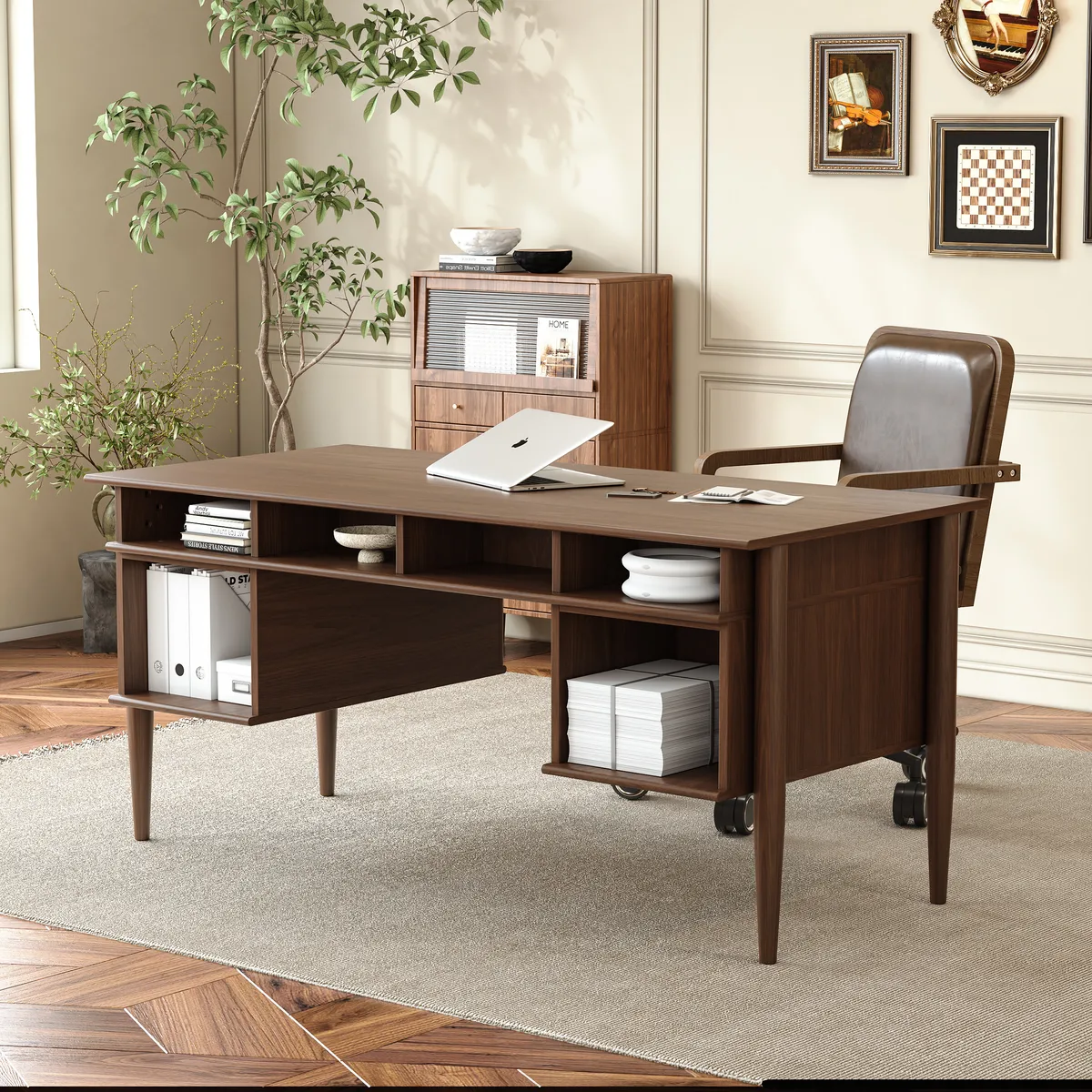 Mid-Century Solid Wood Home Office Desk with 6 Drawers — image 24