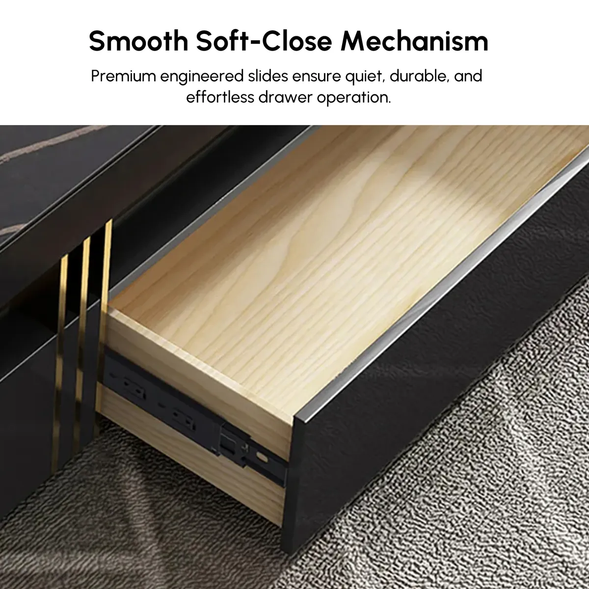 Trimied 43" Modern Black Square Storage Coffee Table Stone Top & 4 Wood Drawers — image 6