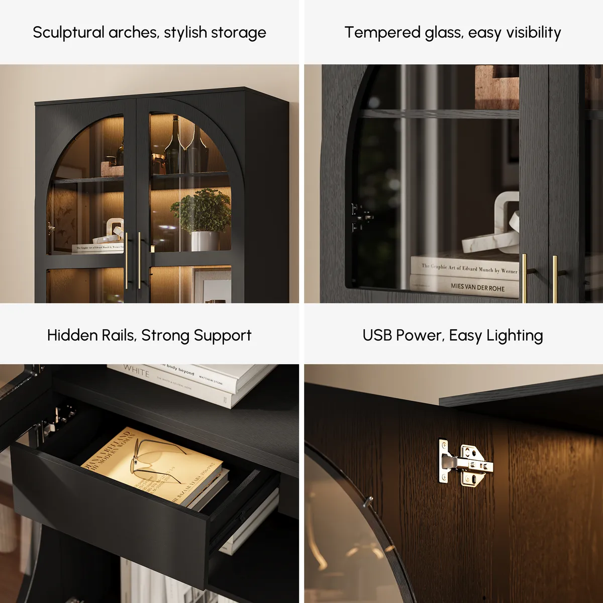 Arune Glass Tall Display Cabinet with Drawers & LED Light — image 8