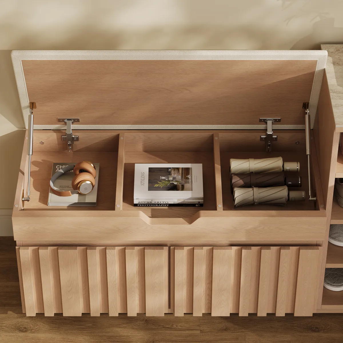 Aura 47” Wooden Shoe Storage Bench with Right-Side Cabinet for Entryway — image 18