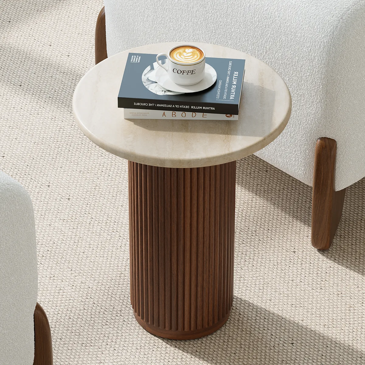 Faux Marble Round End Table Modern Side Table with Wood Base — image 5