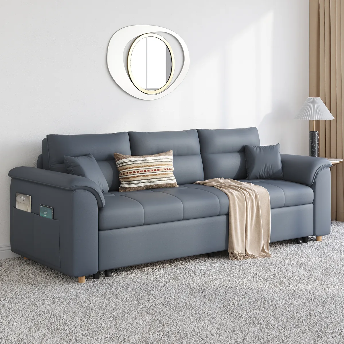 Leather Queen Size Sleeper Sofa with Trundle Pull Out Sofa Bed — image 6
