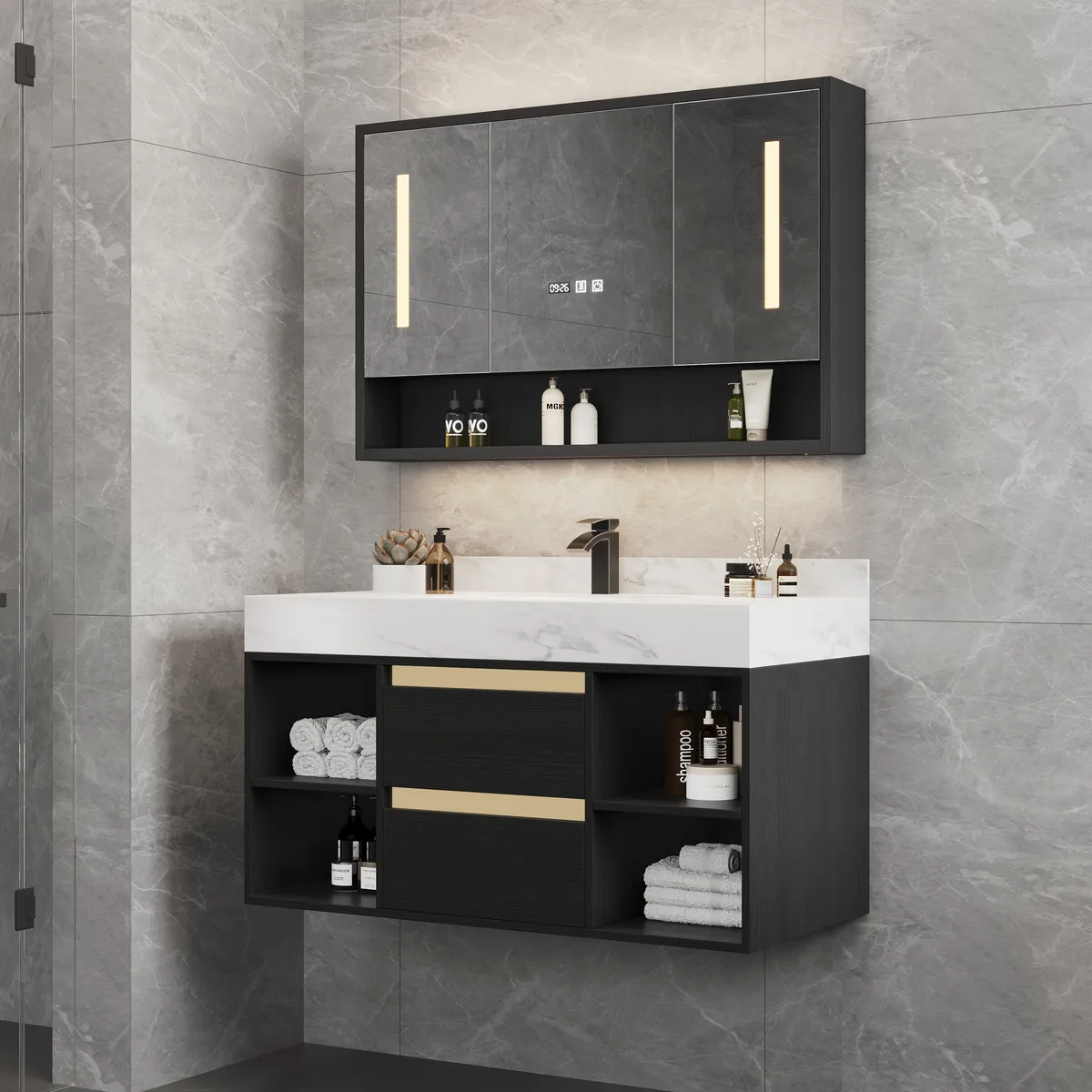 39.4" Floating Bathroom Vanity Set Cultured Marble Black with Ceramic Sink & 2 Drawers — image 4