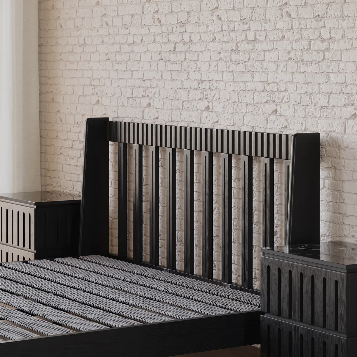 Modern Black Queen Size Solid Wood Bed with Boucle Headboard Pillows — image 11