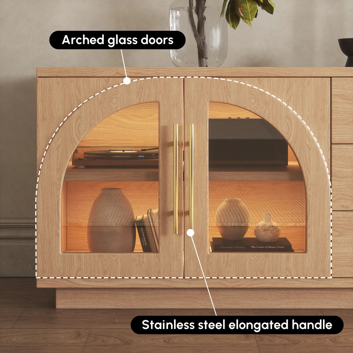 Arune 72" Japandi Whitewash TV Stand Coffee Table Set with LED Lights and Arched Glass Cabinet Doors — image 27