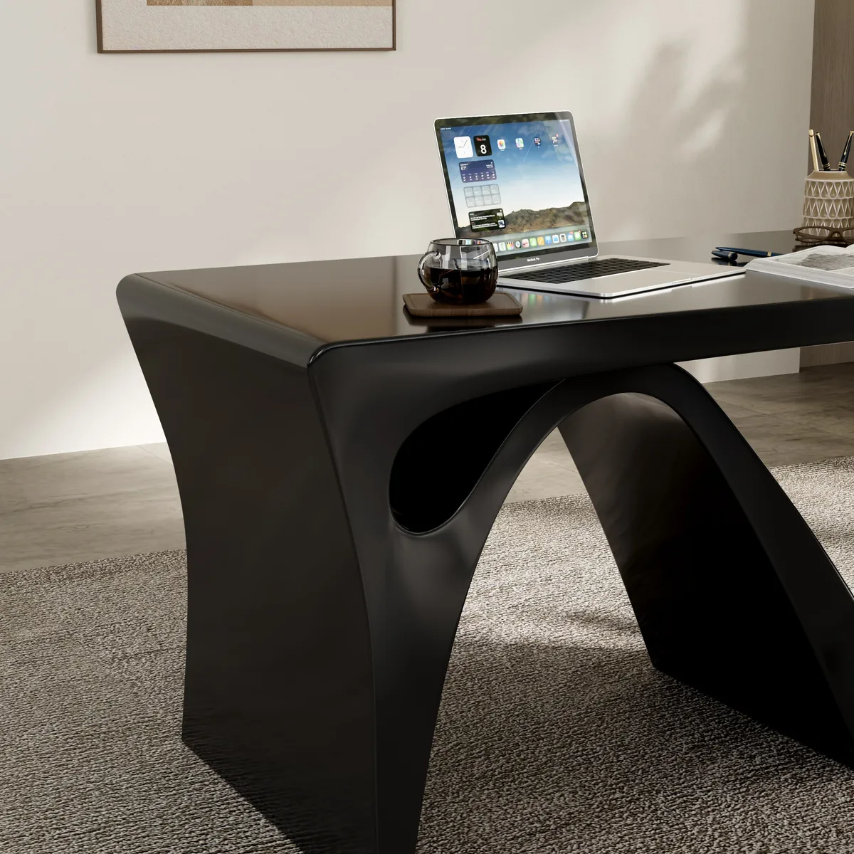 Modern 55" Rectangular Black Writing Desk with Arched Base — image 21