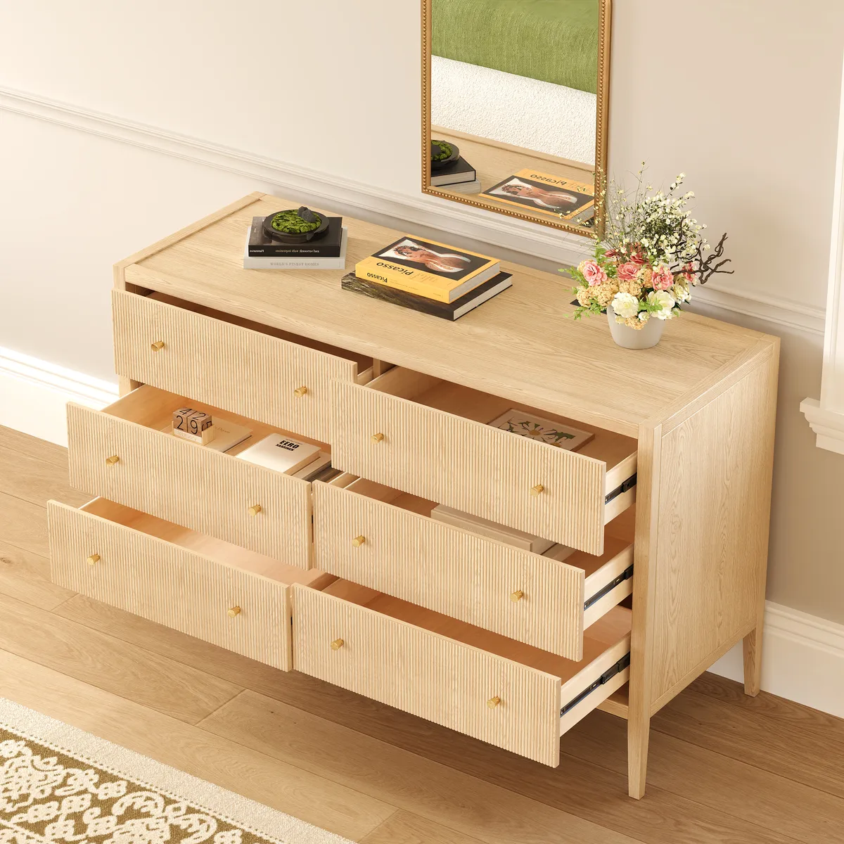 47" Fluted Natural 6-Drawer Dresser with Charging Station — image 9