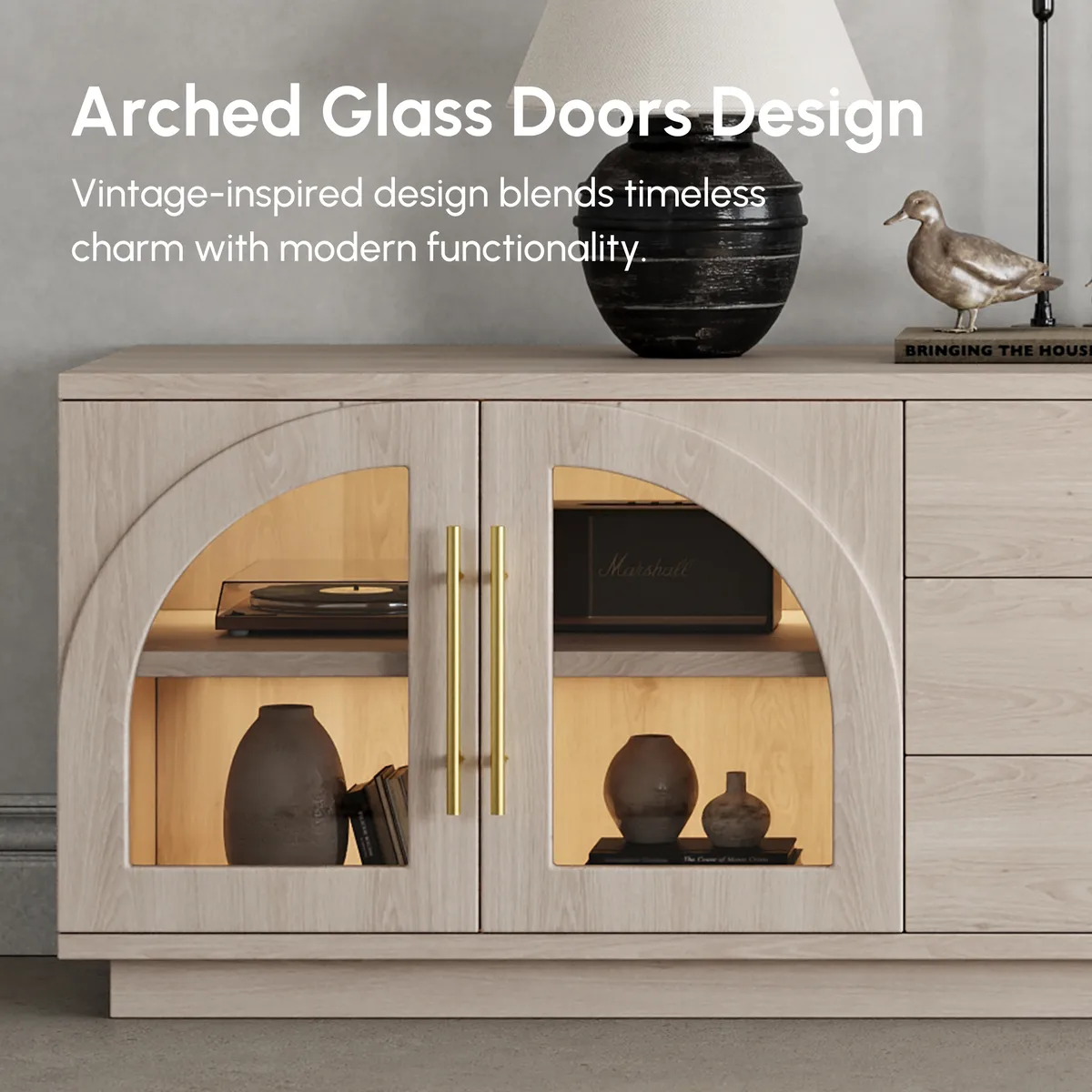 Arune 72" Arched Glass Doors Smoked Brown TV Stand with Storage and LED — image 19