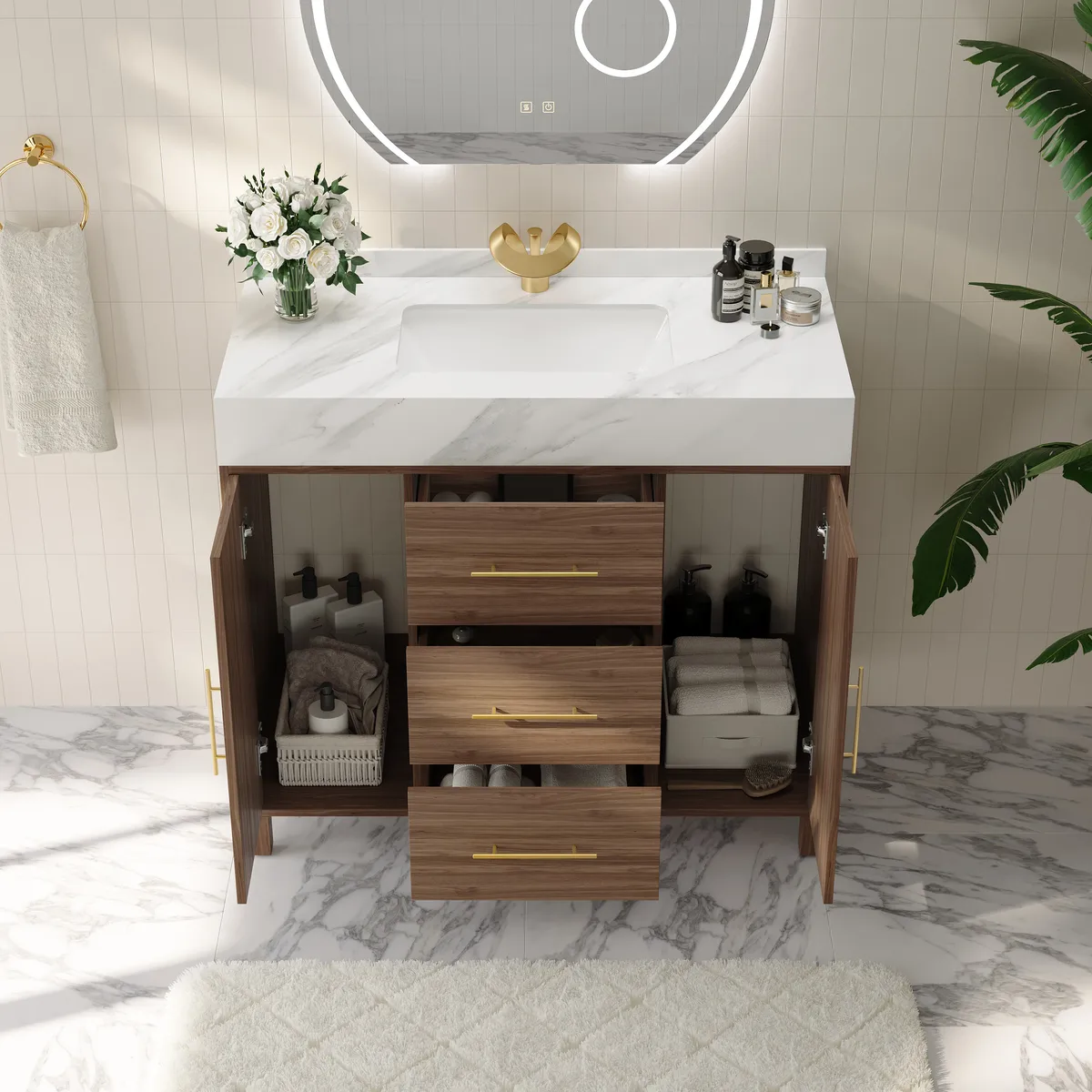 39" Walnut Freestanding Bathroom Vanity Sintered Stone Top & Silver Handles — image 4