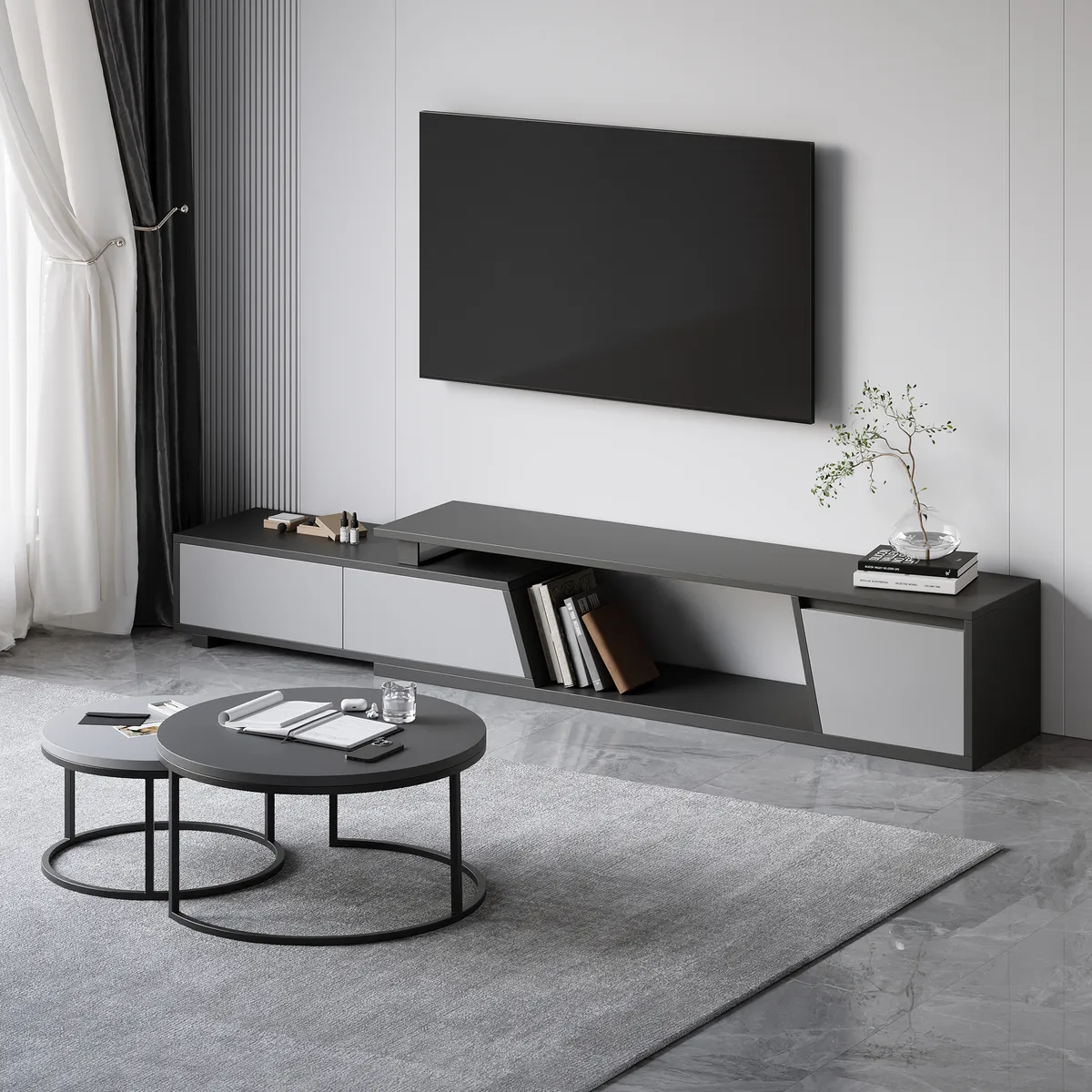 Living Room Cabinet Set Rectangle Gray Extendable TV Stand & Wood Round Nesting Coffee Table — image 13