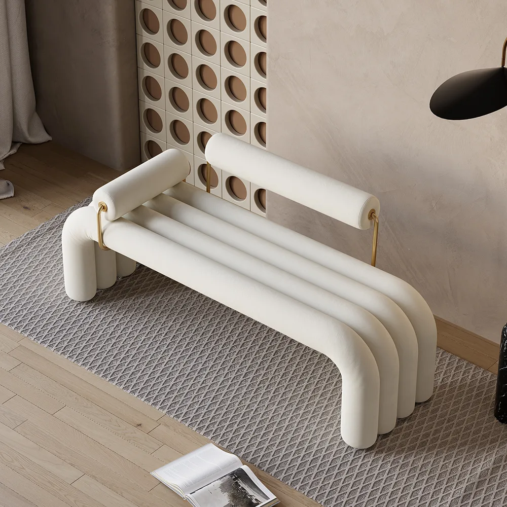 Modern White Line Tufted Bench Velvet Upholstered Entryway Bench in Gold Finish — image 2