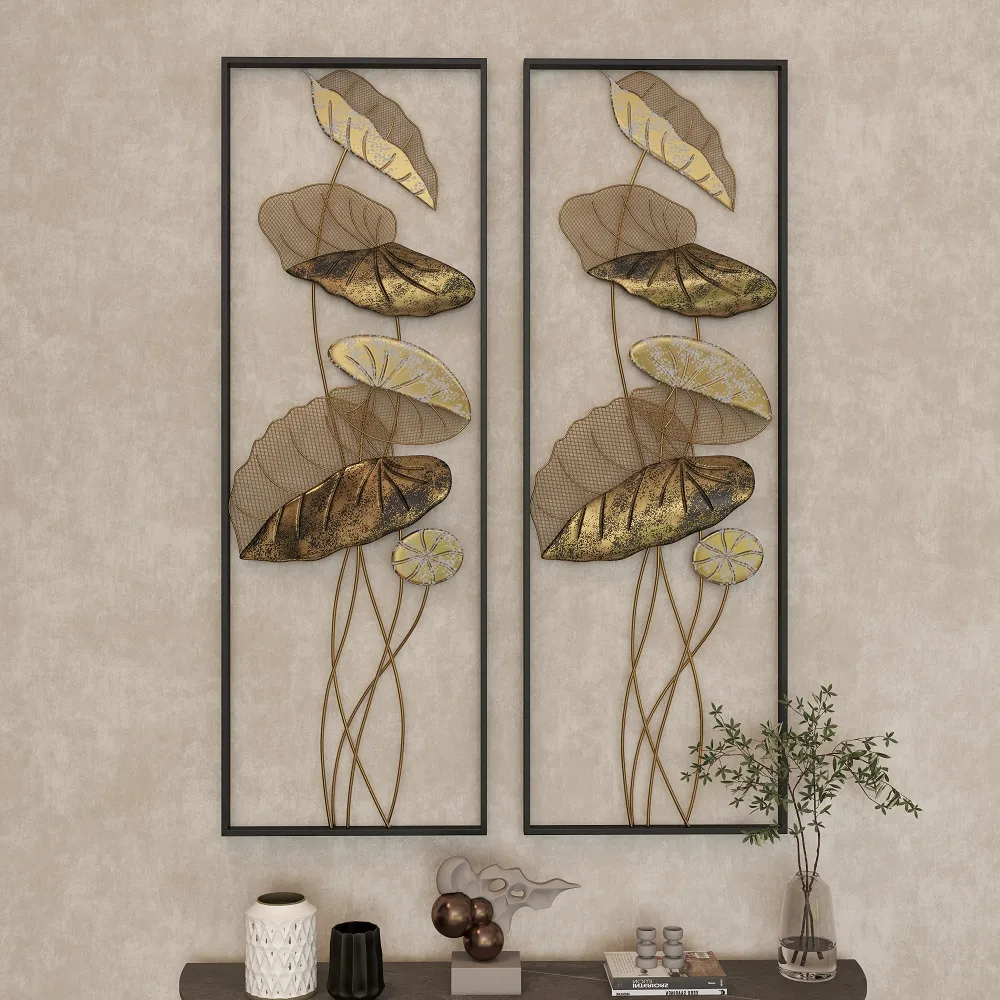 35.8" 2 Pieces Metal Lotus Leaves Wall Decor Set for Living Room with Black Frame — image 6