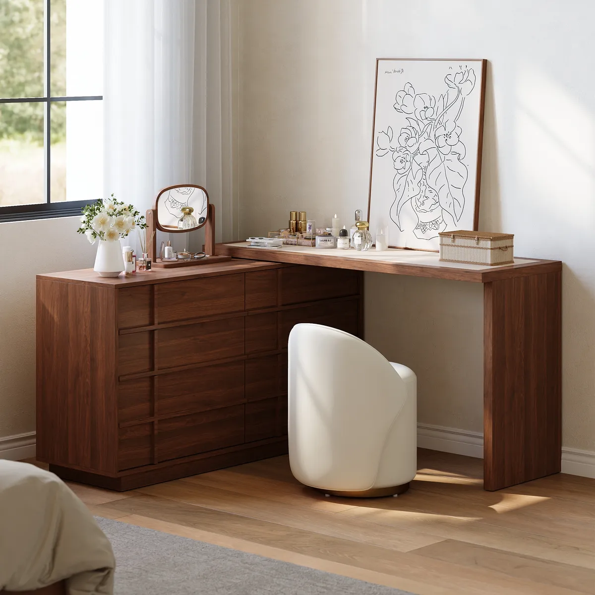 Panvyr Wooden Extendable L-Shaped Makeup Vanity Dresser with Vanity Mirror (49"–94") — image 2