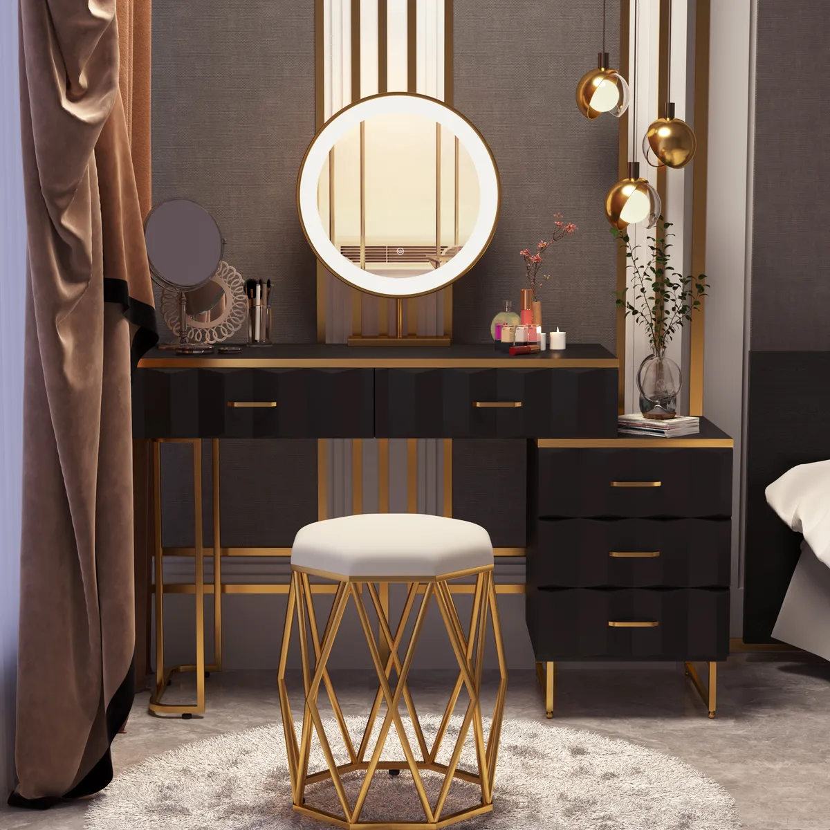 Modern White Extendable Makeup Vanity 5 Drawers Dressing Table Set with Stool and Mirror — image 2