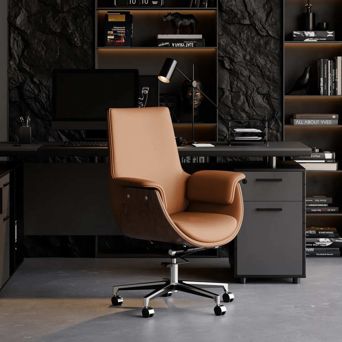 Black Leather Modern Home Office Chair Upholstered High Back Desk Chair Wood Grain Frame — image 14