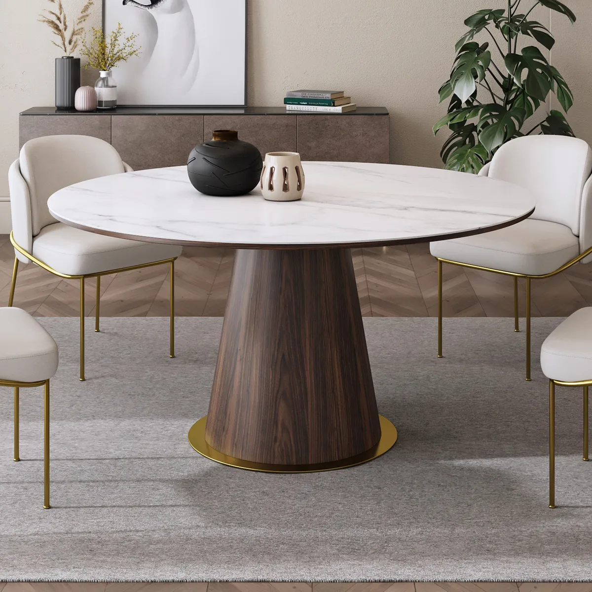 Round Dining Table Faux Marble Top Wooden Base for 6 Mid-Century Modern