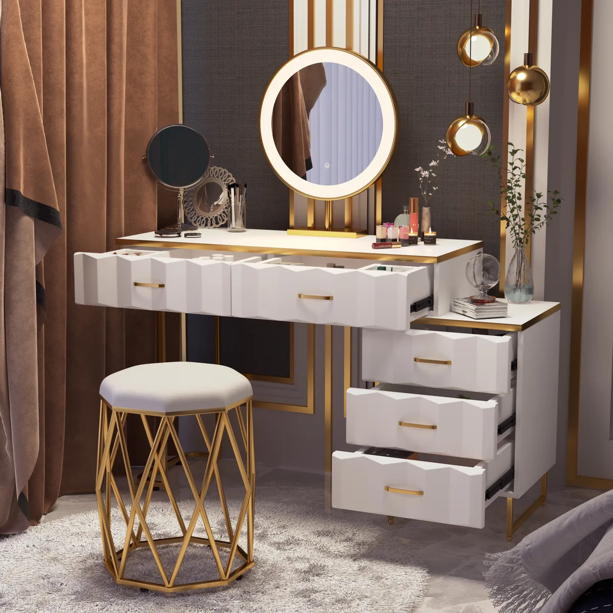 Modern White Extendable Makeup Vanity 5 Drawers Dressing Table Set with Stool and Mirror — image 11