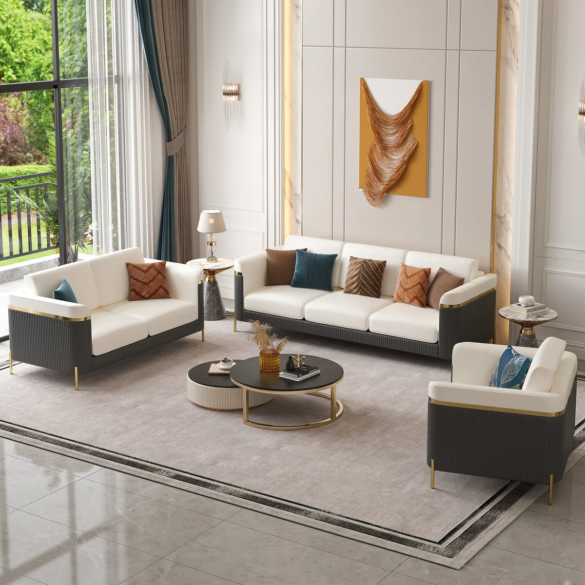 3 PCS Vertex Sofa Set with Chair Modern Beige Living Room Sofa Set with Cushion