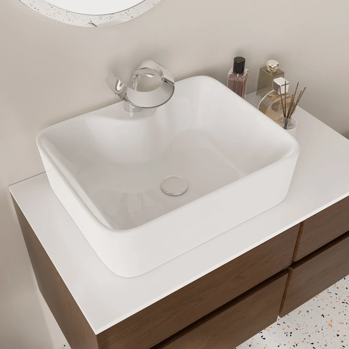 31.5" Walnut Floating Bathroom Vanity Left Offset Ceramic Vessel Sink — image 25