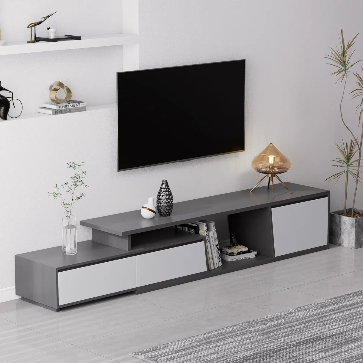 Fero Minimalist Rectangle Gray Extendable TV Stand with 3 Drawers Up — image 24