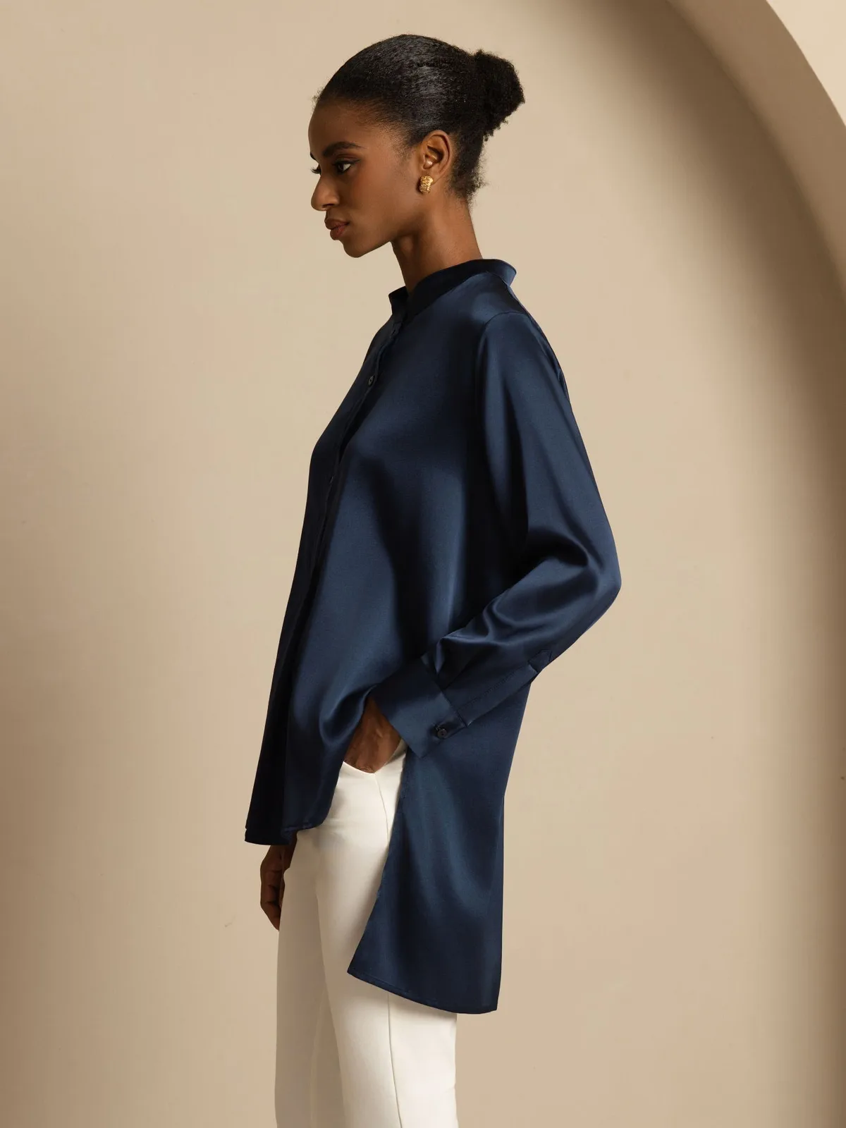 19Momme Silk Women’s Stand Collar High-Low Blouse With Button Detail — image 3