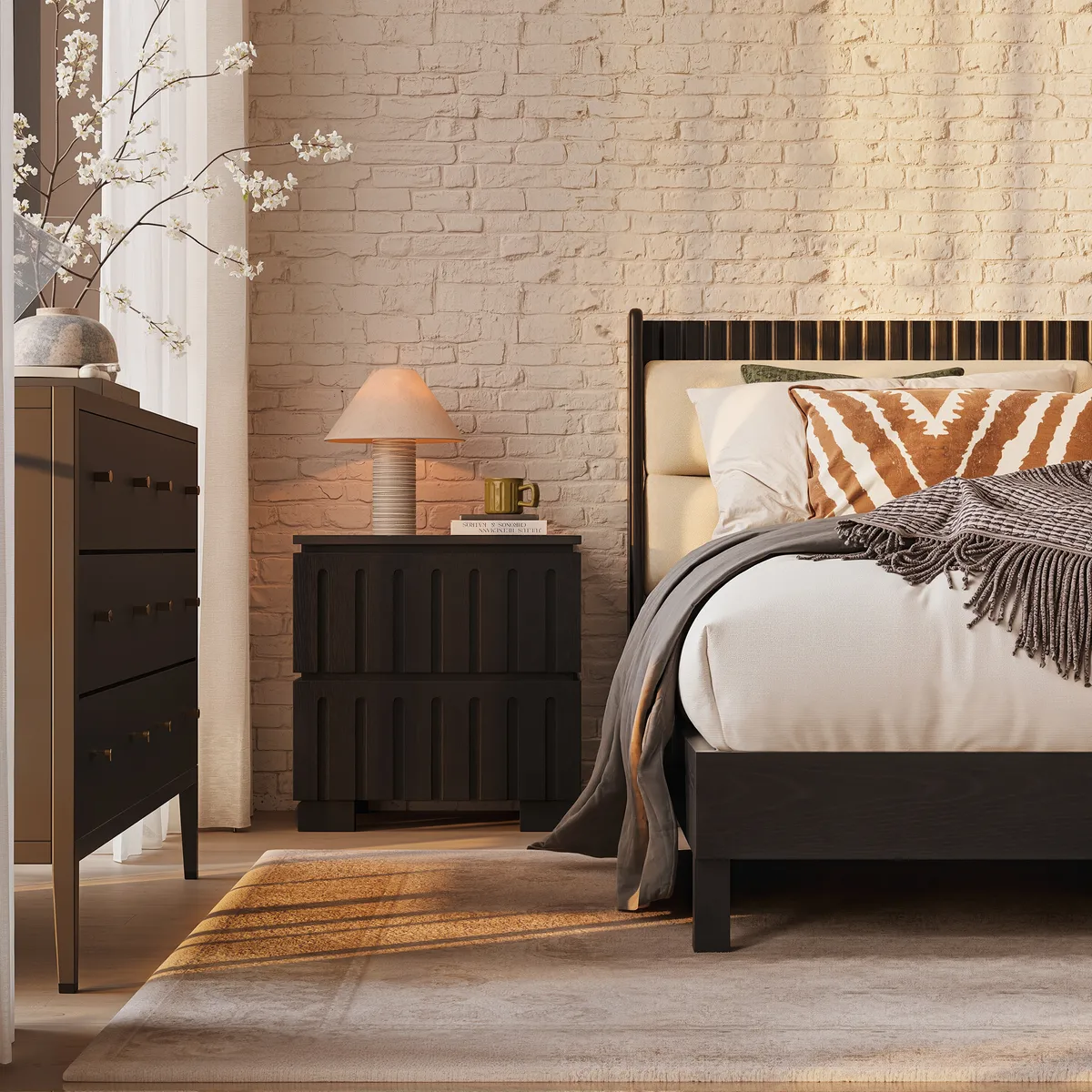 Modern Black Queen Size Solid Wood Bed with Boucle Headboard Pillows — image 7