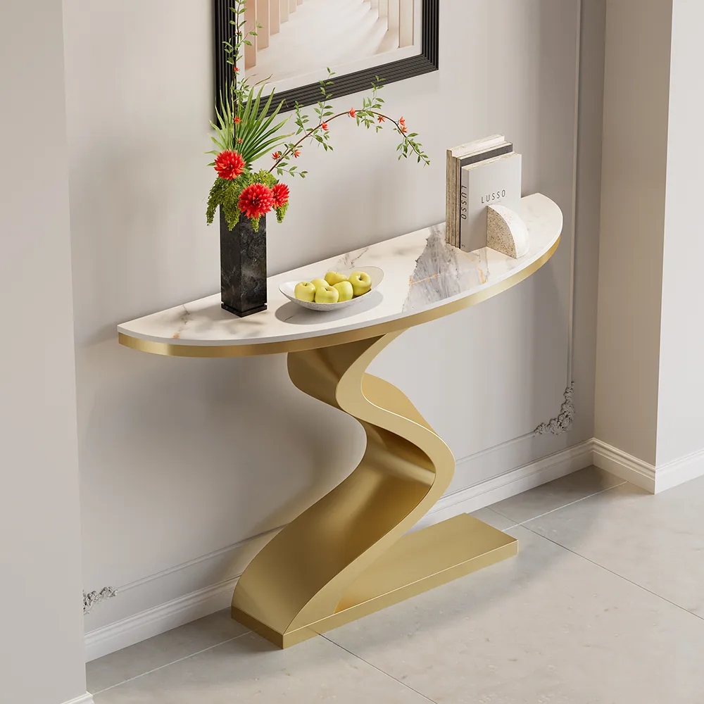 Curved Console Table with Sintered Stone Top Half Moon Shape Entryway Furniture