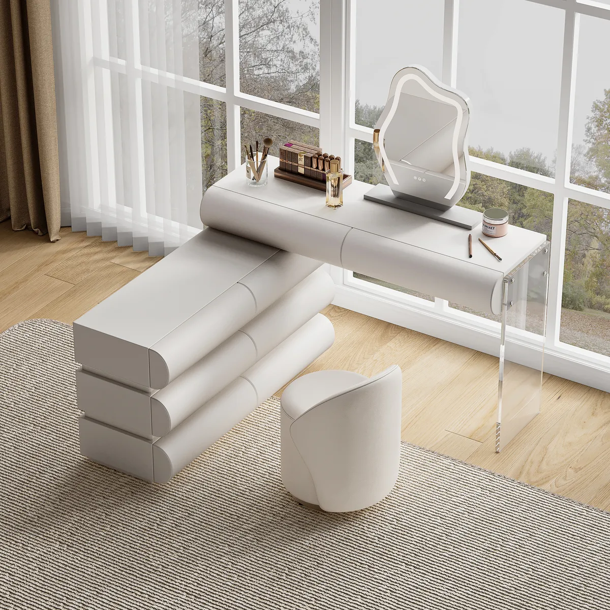 modern white PU leather dressing table set with stool and LED mirror — image 26