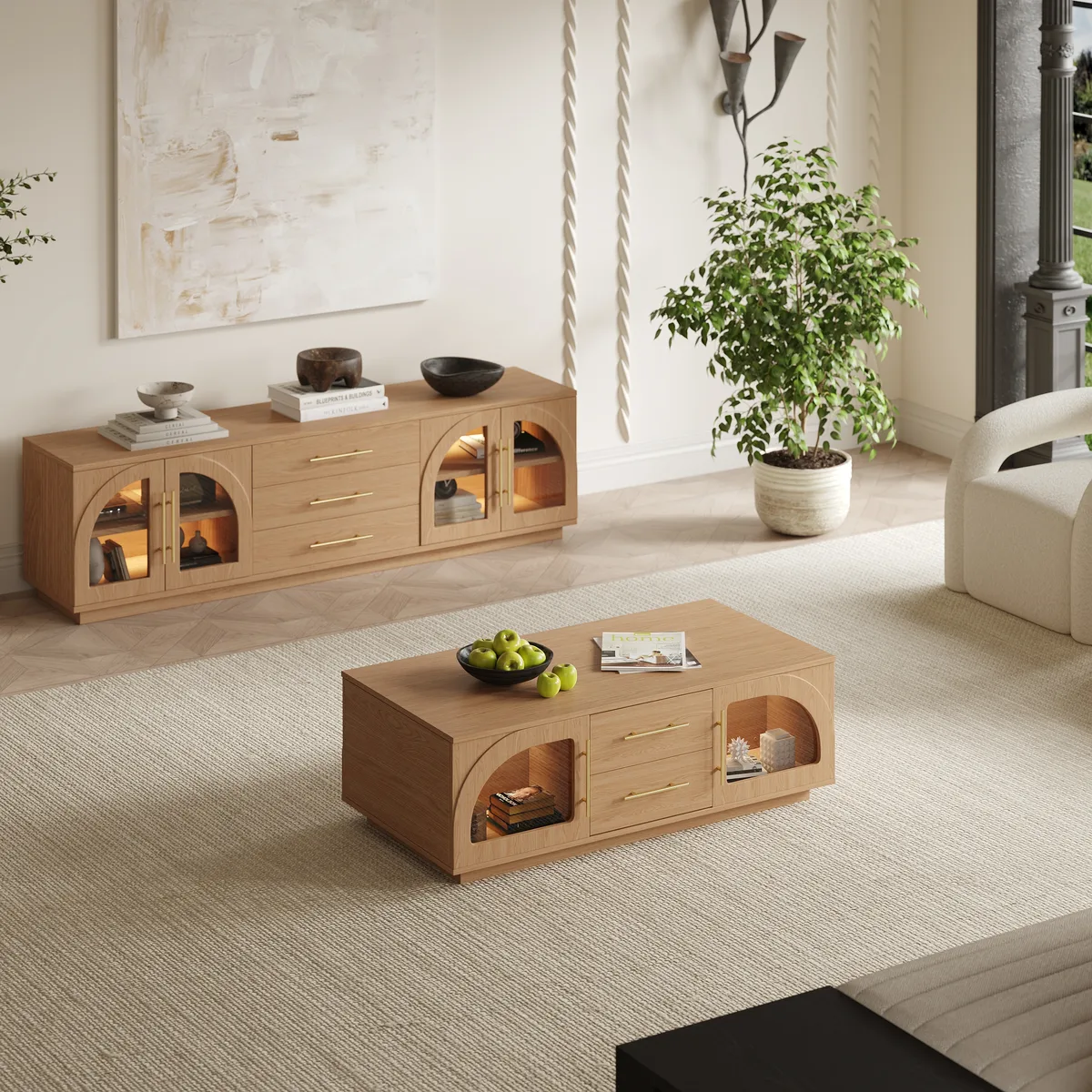 Arune 72" Japandi Whitewash TV Stand Coffee Table Set with LED Lights and Arched Glass Cabinet Doors — image 22