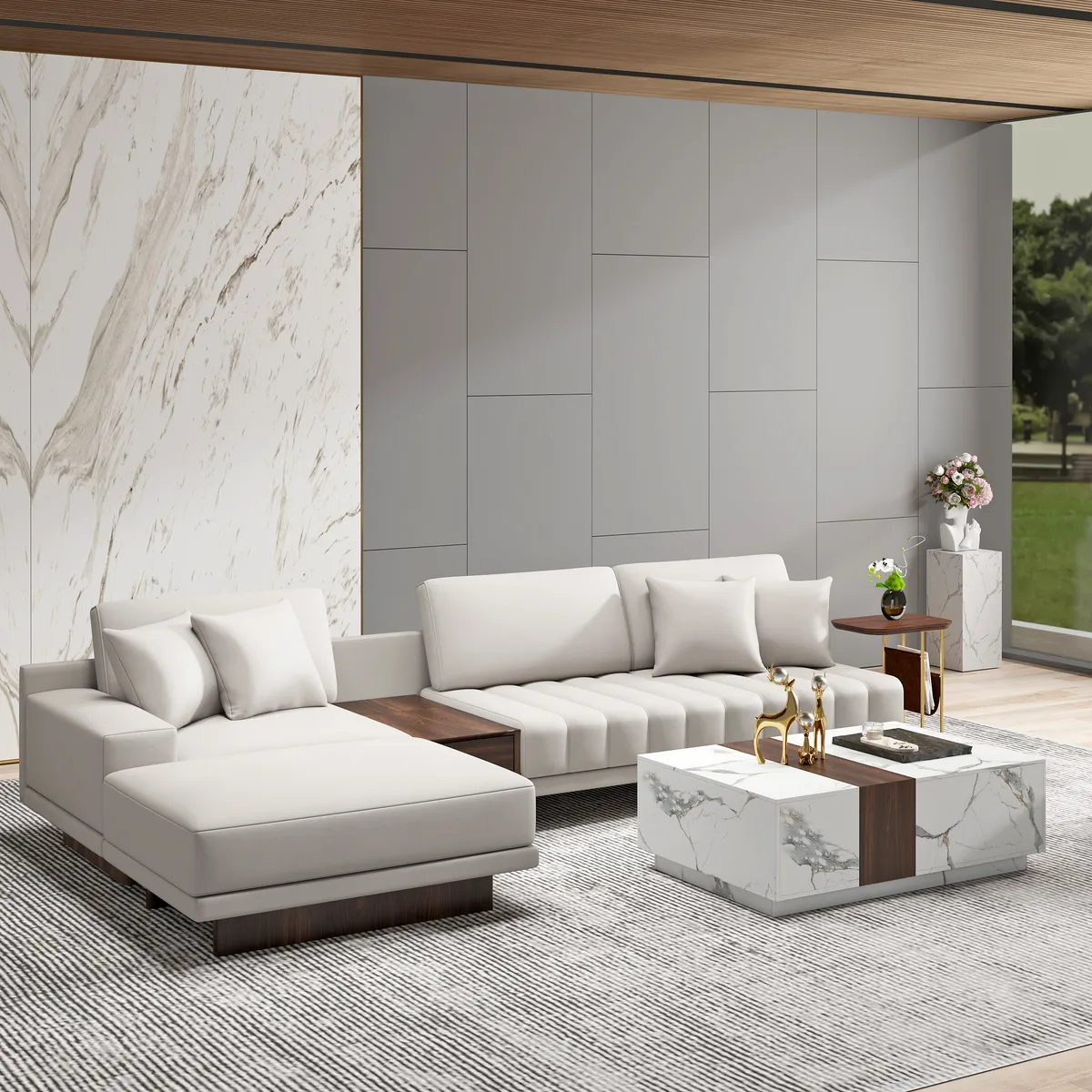 Modern Living Room Couch Set Fabric L-Shaped White Modular Sectional Sofa & Wood Block Coffee Table — image 28
