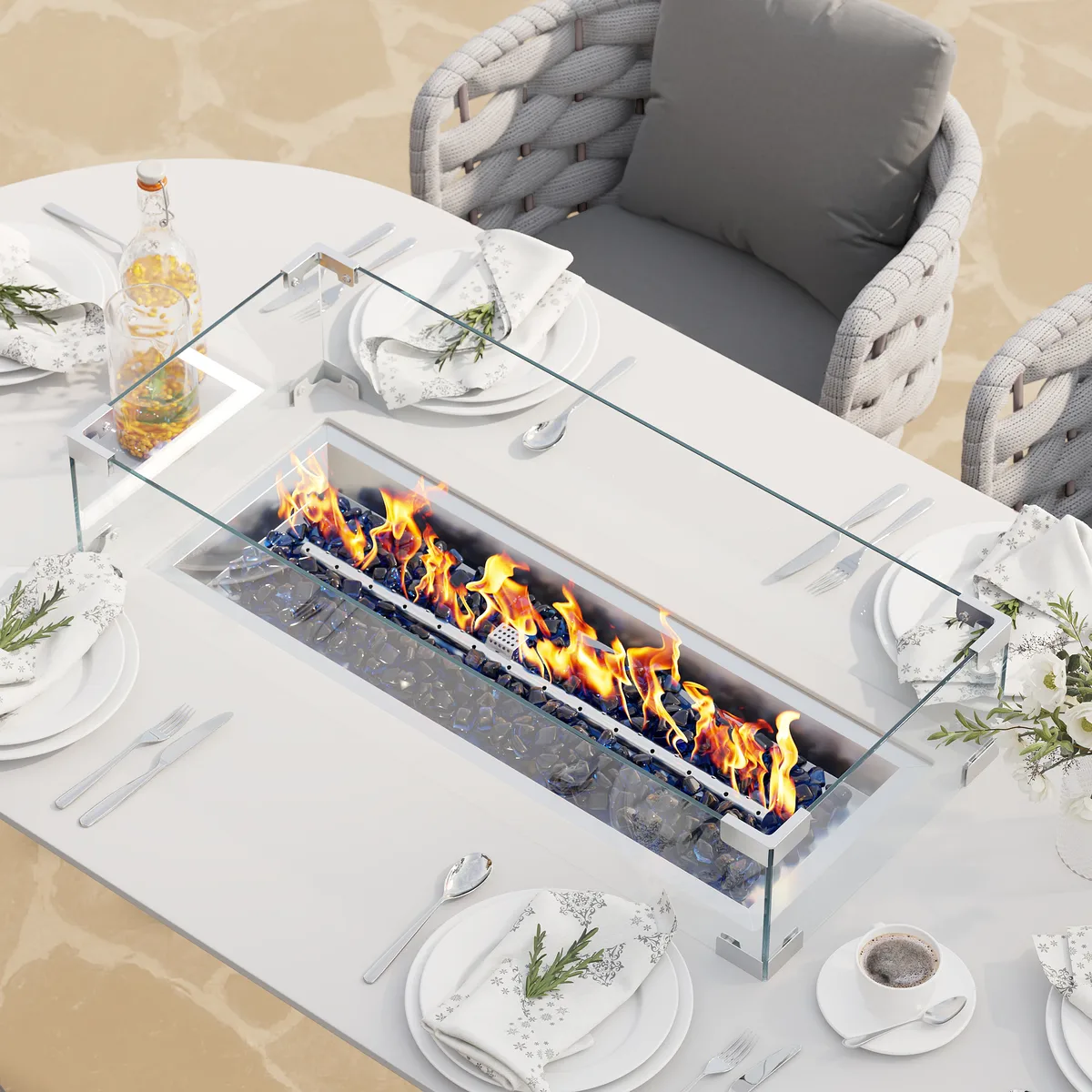 7 PCS Outdoor Propane Fire Pit Table & Rope Woven Armchair Oval Outdoor Dining Set Modern Yard & Ptio Furniture for 6 Person — image 8