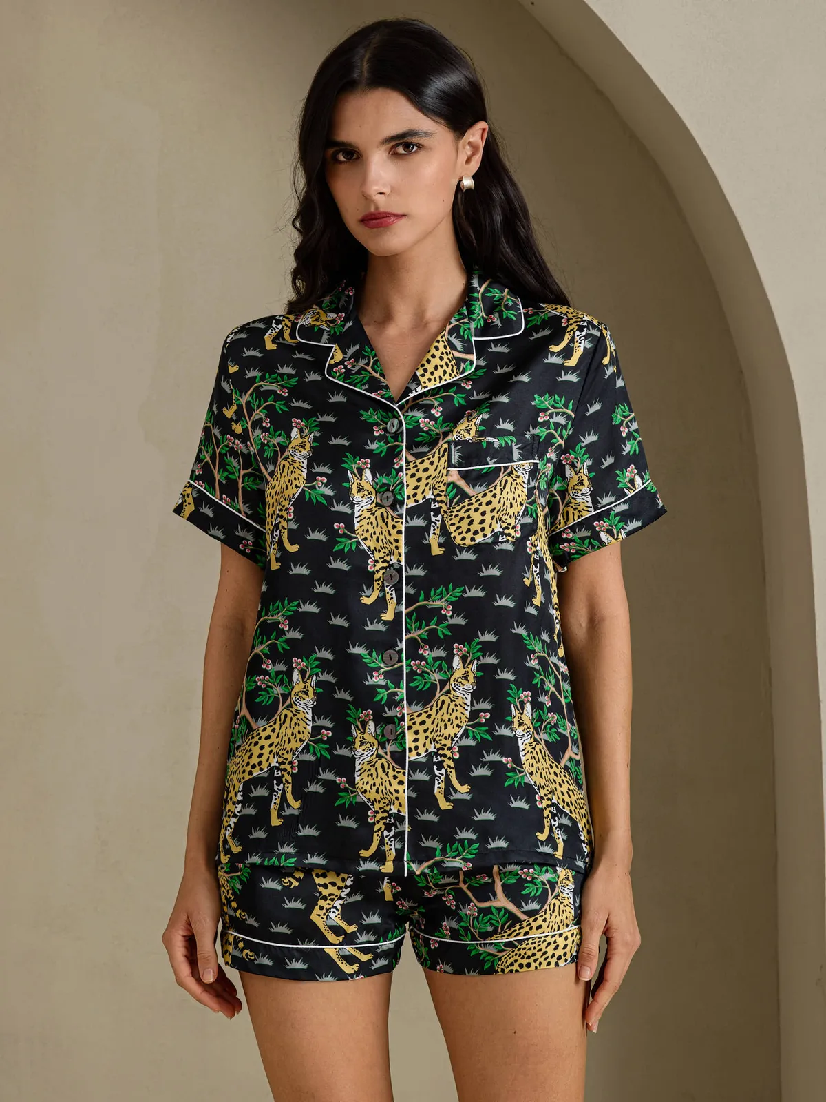 100% Mulberry Silk Women's Lynx Print Short Sleeve Pajama Set
