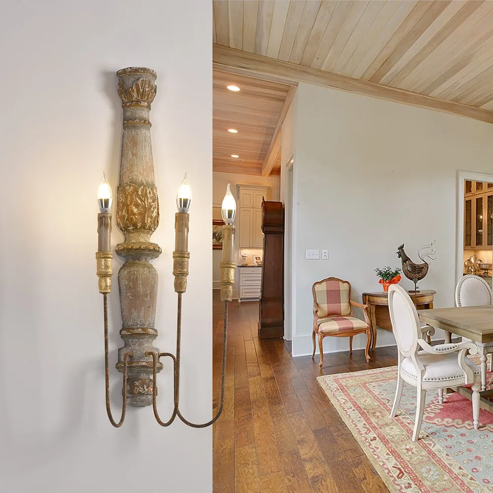 French Country 3-Light Wood Candle Wall Sconce Distressed Carved Design — image 3