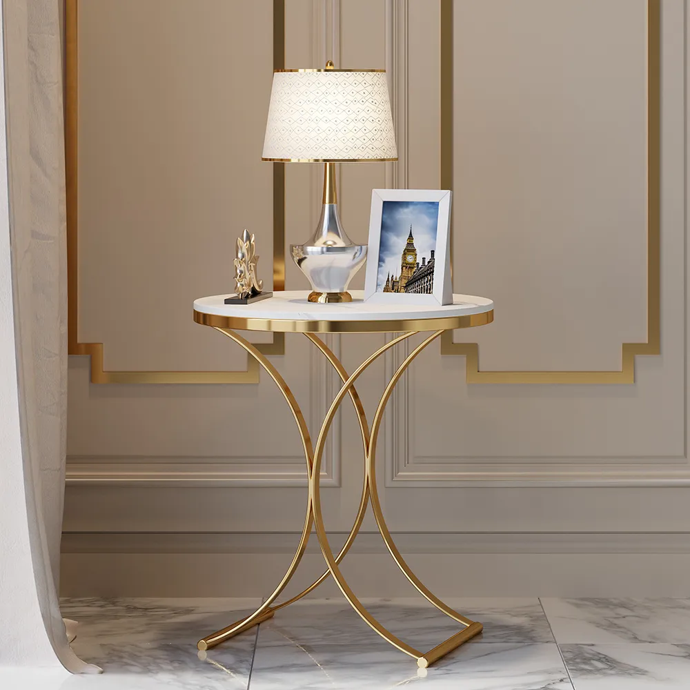 Modern Luxurious Round White Marble Stone Side Table X-Base End Table — image 4