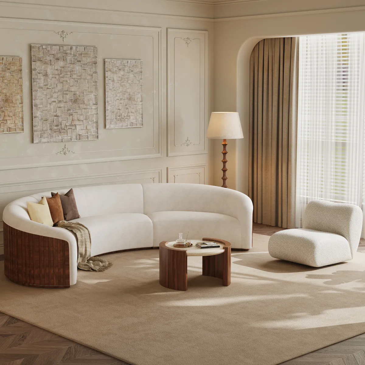 28" Walnut Round Coffee Table with Travertine Top — image 14