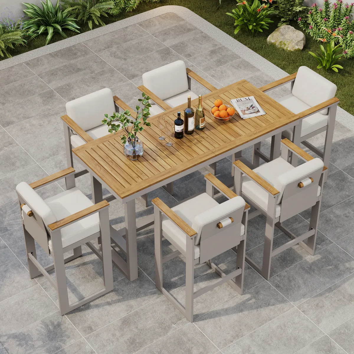 Tevara Outdoor Aluminum Frame & Teak Wood Armrest Bar Stools — image 12
