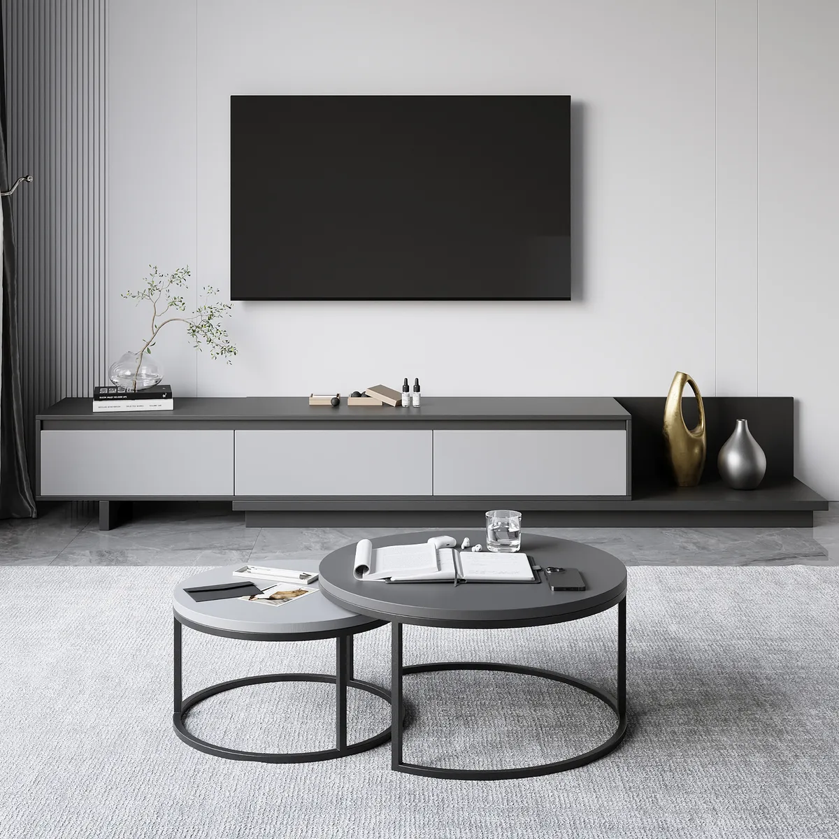 Living Room Cabinet Set Rectangle Gray Extendable TV Stand & Wood Round Nesting Coffee Table — image 3