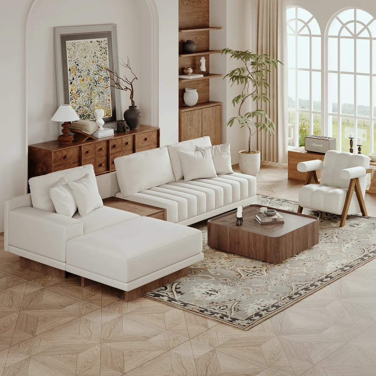 Modern Living Room Couch Set Fabric L-Shaped White Modular Sectional Sofa & Wood Block Coffee Table — image 4