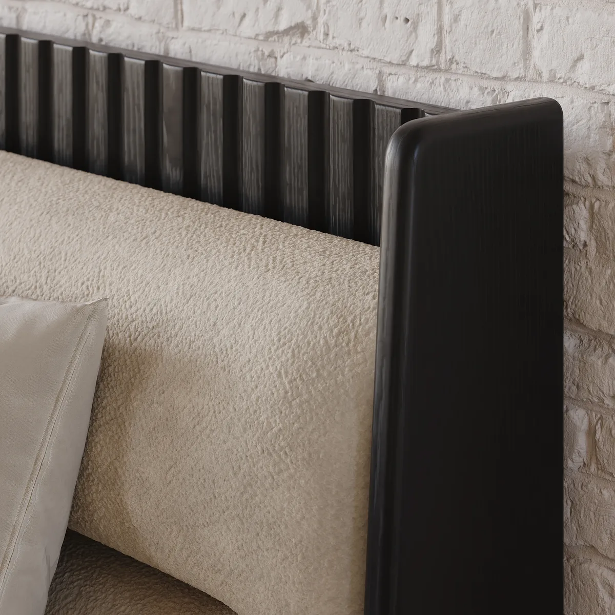 Modern Black Queen Size Solid Wood Bed with Boucle Headboard Pillows — image 10
