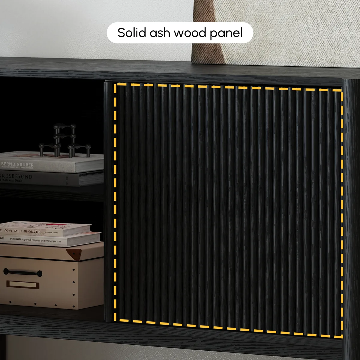 80" Solid Wood Fluted Black TV Stand with Cabinets — image 10