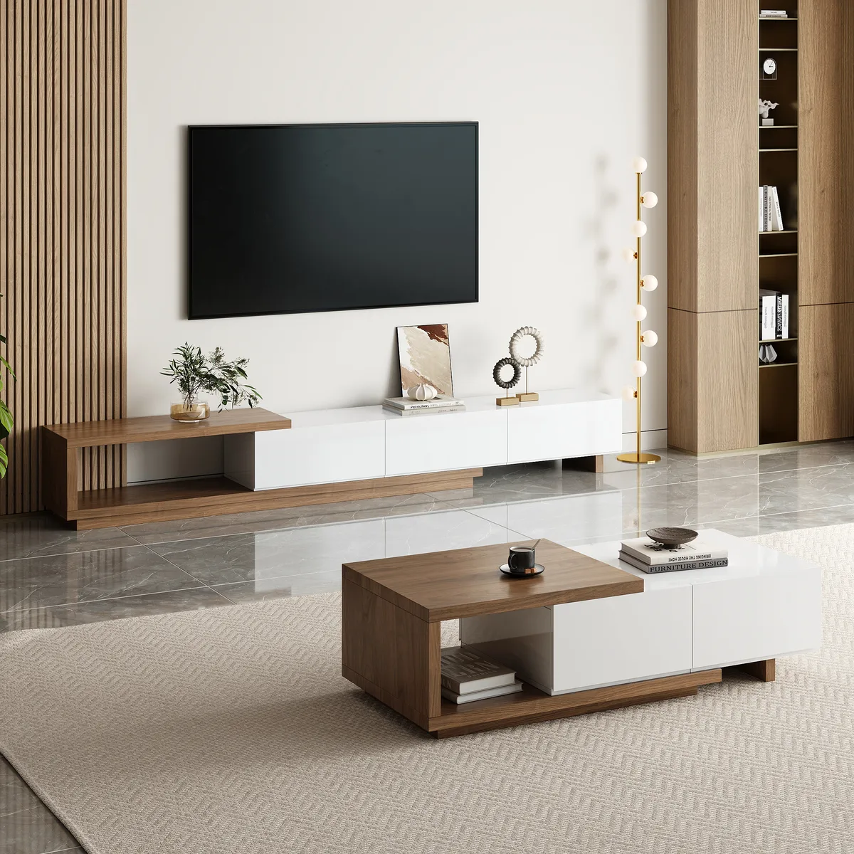 Living Room Cabinet Set Extendable TV Stand & Retracted Coffee Table Set — image 2