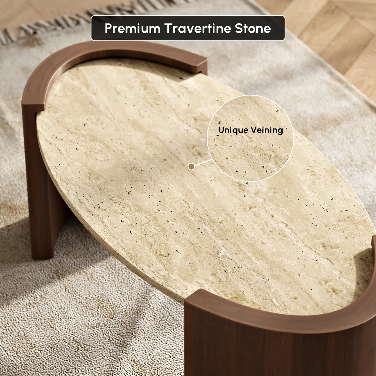 43" Japandi Oval Travertine Stone Top Coffee Table — image 26