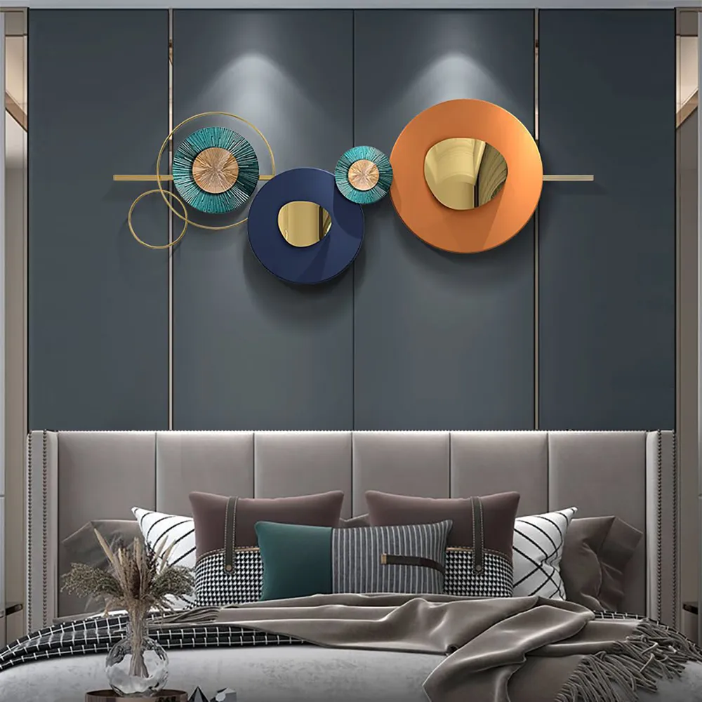 Modern Round Metal Wall Art 59" x 23" Geometric Decor in Orange & Gold & Blue Living Room — image 6