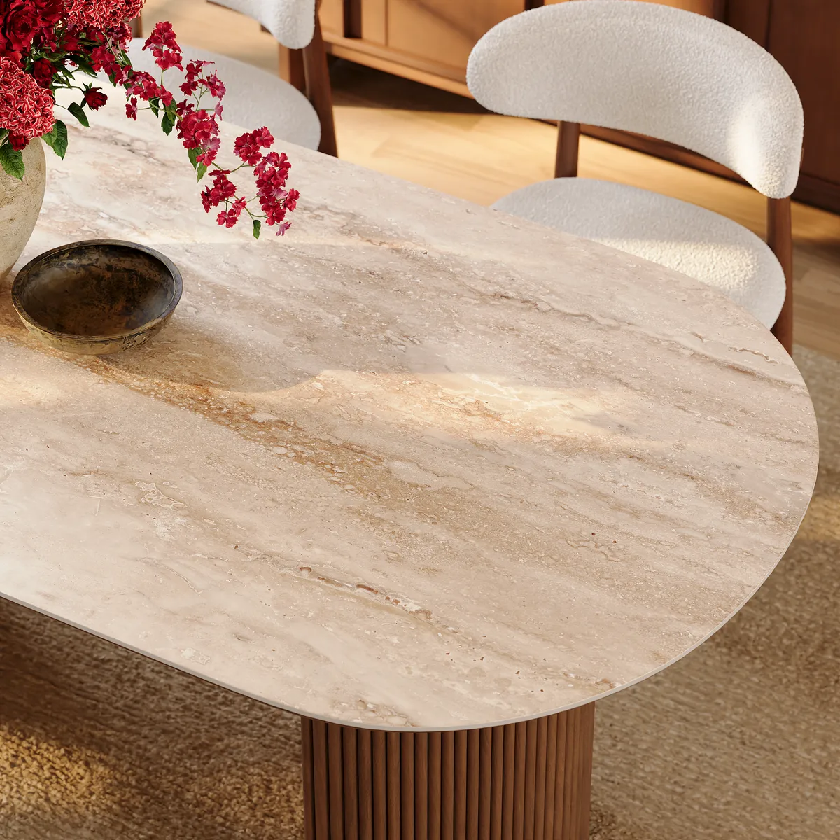71" Faux Travertine Oval Dining Table with Fluted Base & Storage — image 9